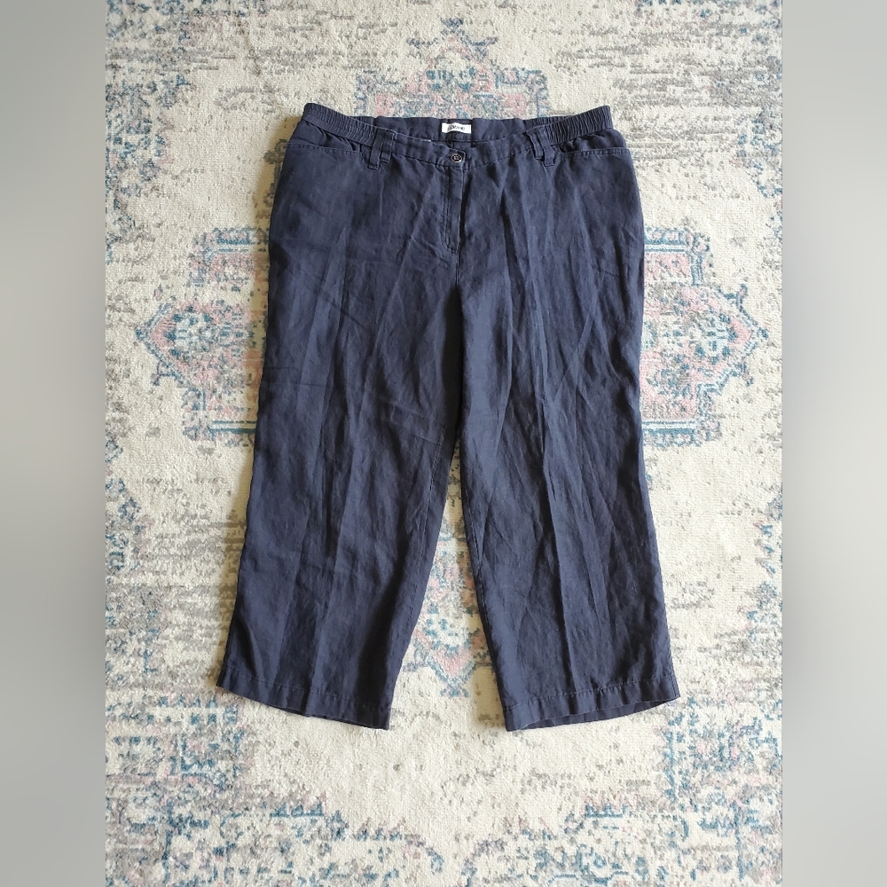 100% Linen KJ Brand Navy Blue Cropped Straight Leg Pants With Pockets Size F 52